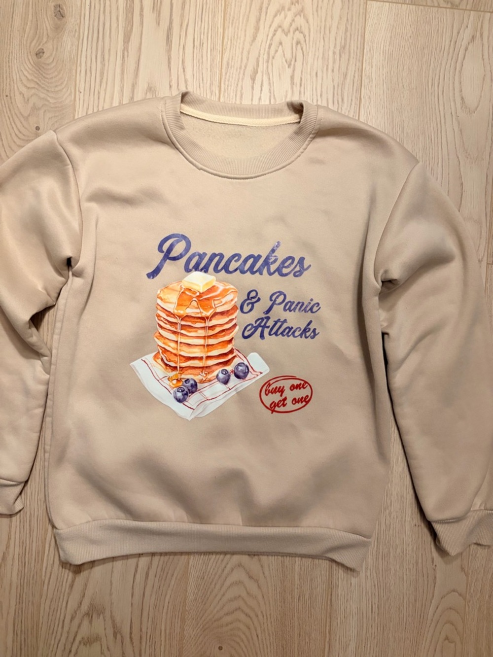 3/$20 Retro Style Pancakes & Panic Attacks Graphic Pullover Beige